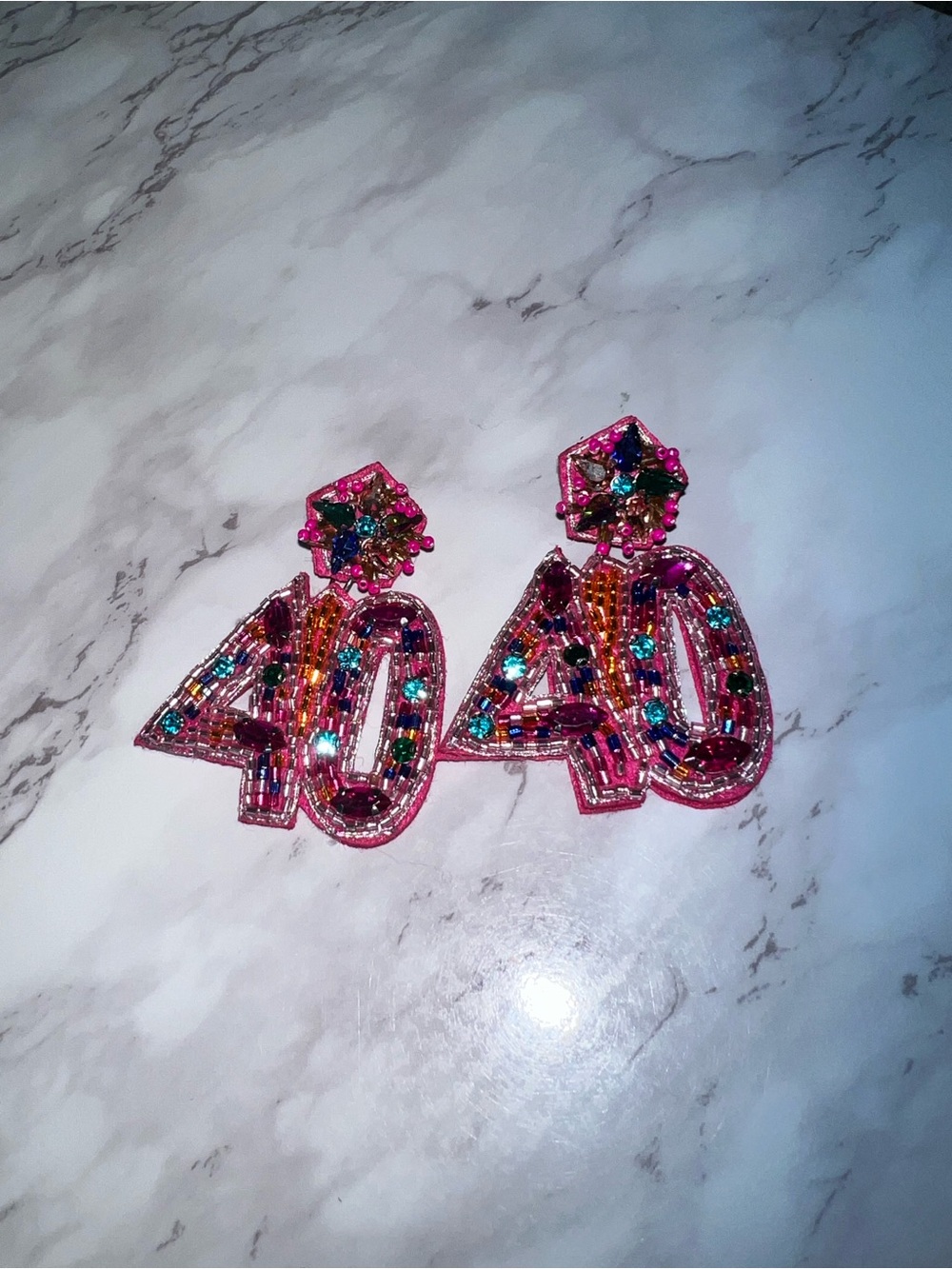 Beaded '40' Statement Earrings in Hot Pink with Multicolor Gems
